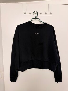 Nike Black Cropped Crew Sweatshirt with White Swoosh